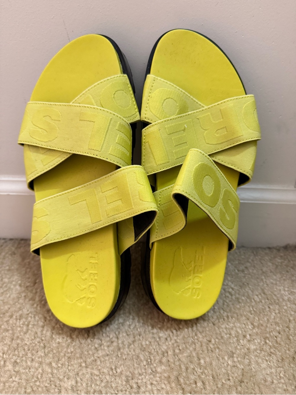 Sorel Neon Yellow Cross-Strap Slide Sandals